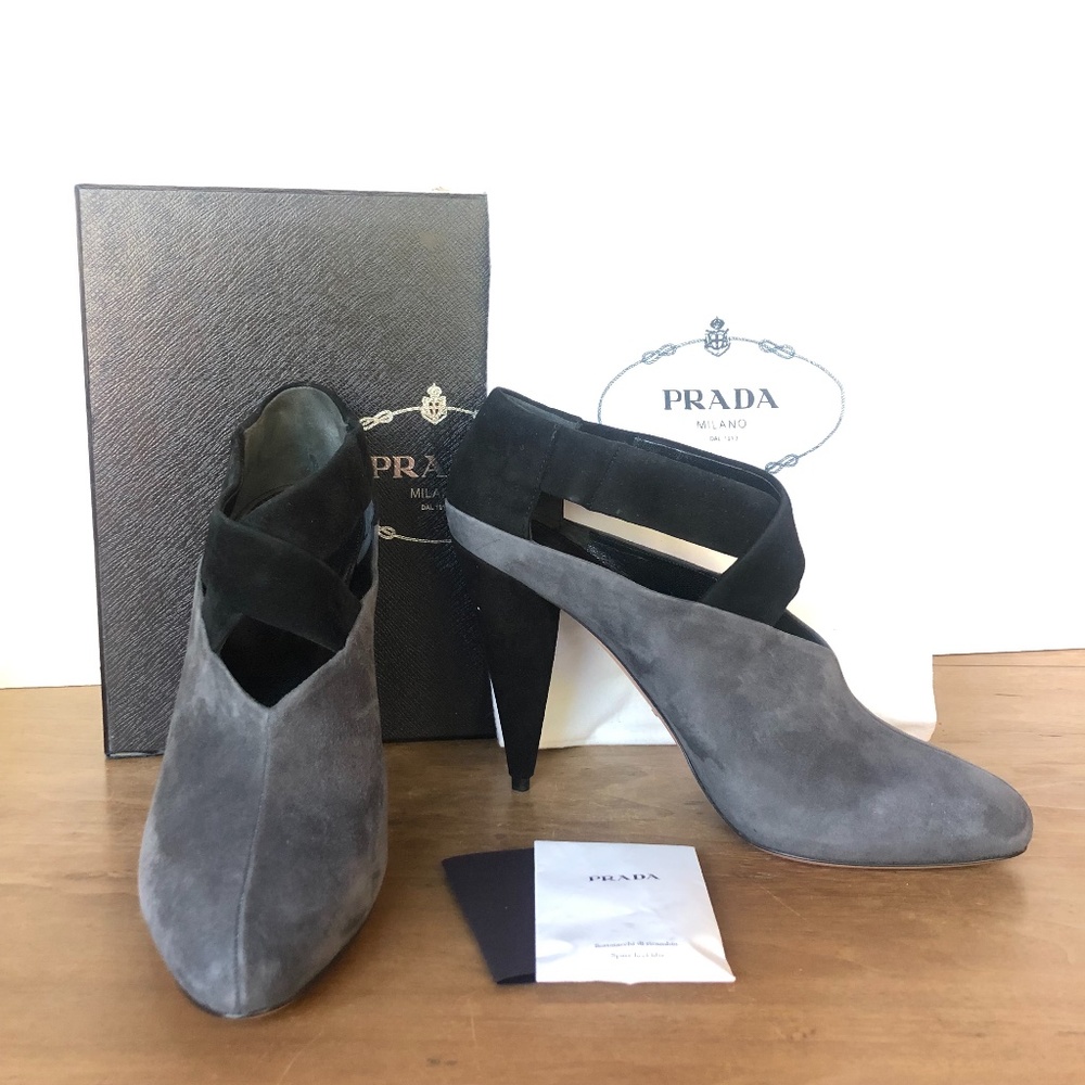 PRADA Gray Black Two Tone Suede Leather Criss Cross Heeled Ankle Booties 39.5